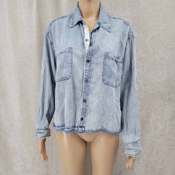 Vintage Havana Tops - Vintage Havana Light Blue Denim Button Down Shirt Distressed Ragged Oversized